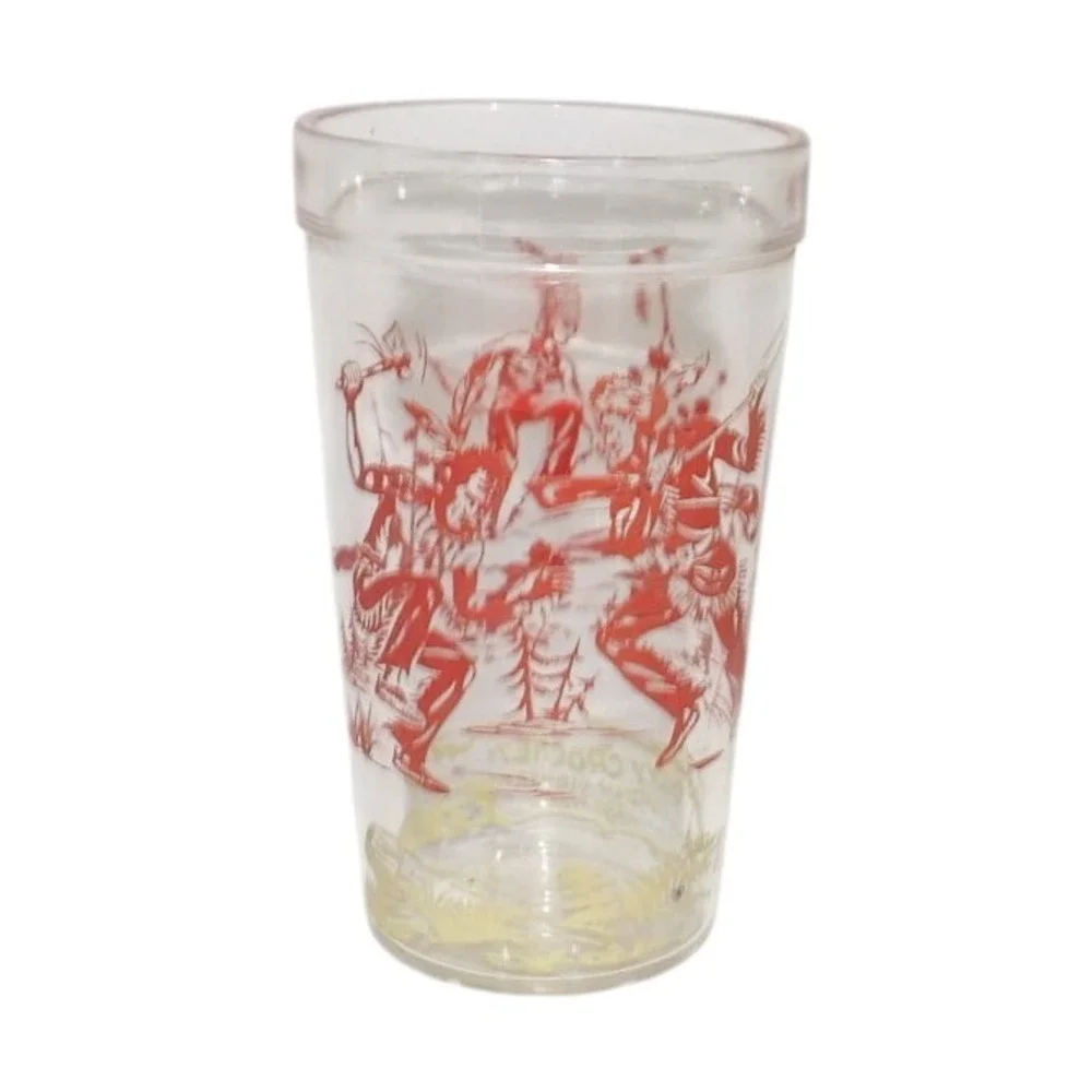 Vintage Davy Crockett Glass Jelly Jar Tumbler Red Yellow Graphics 1950s Western
